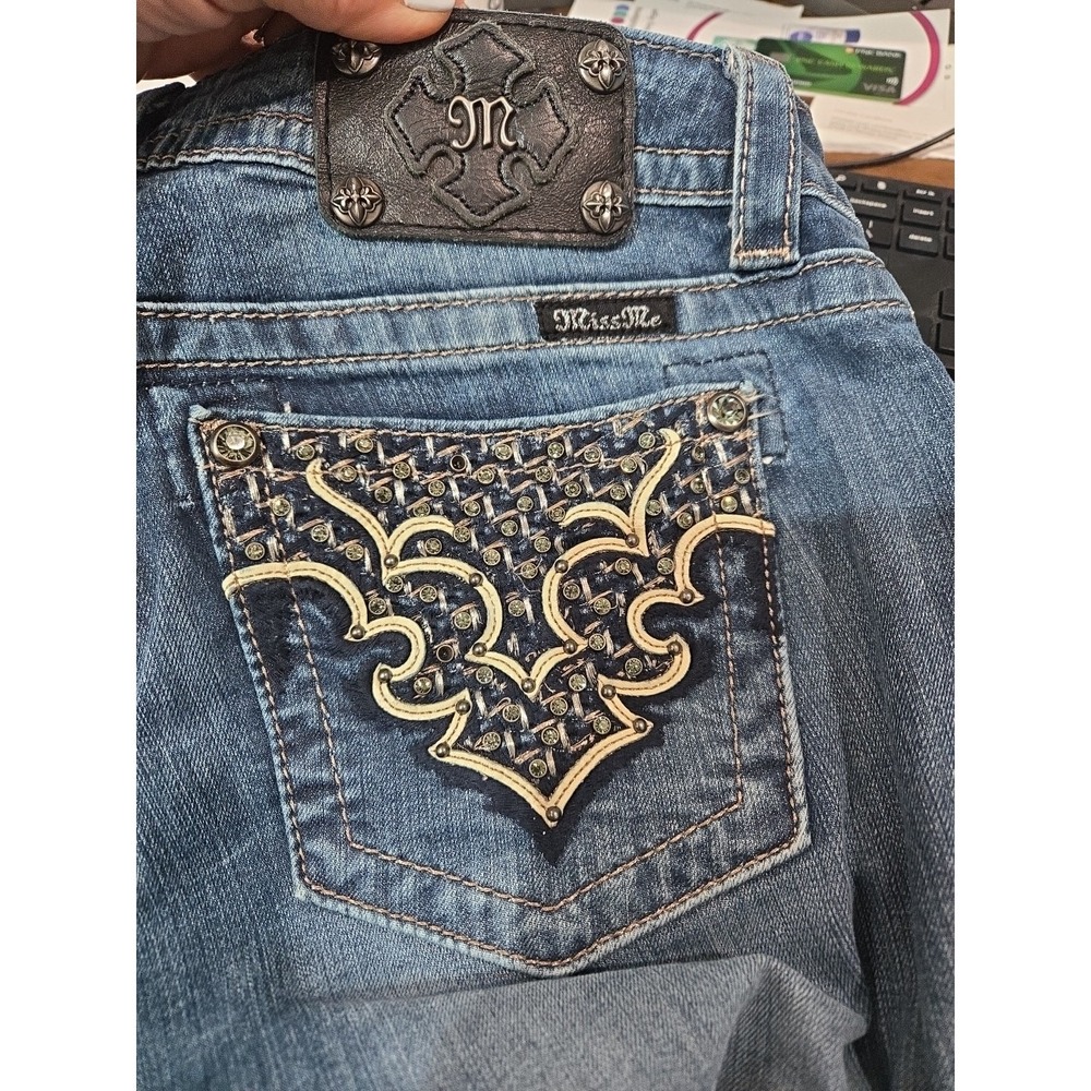 Miss Me Jeans Size 30 Bootcut Jeans Blue Dark Wash Embellished Raw Hem #964